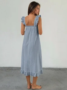 Livesso Minimalist Solid Color Ruffle Trim Sleeveless Loose Long Dress Women's Nightgown - Navy Blue - View 2