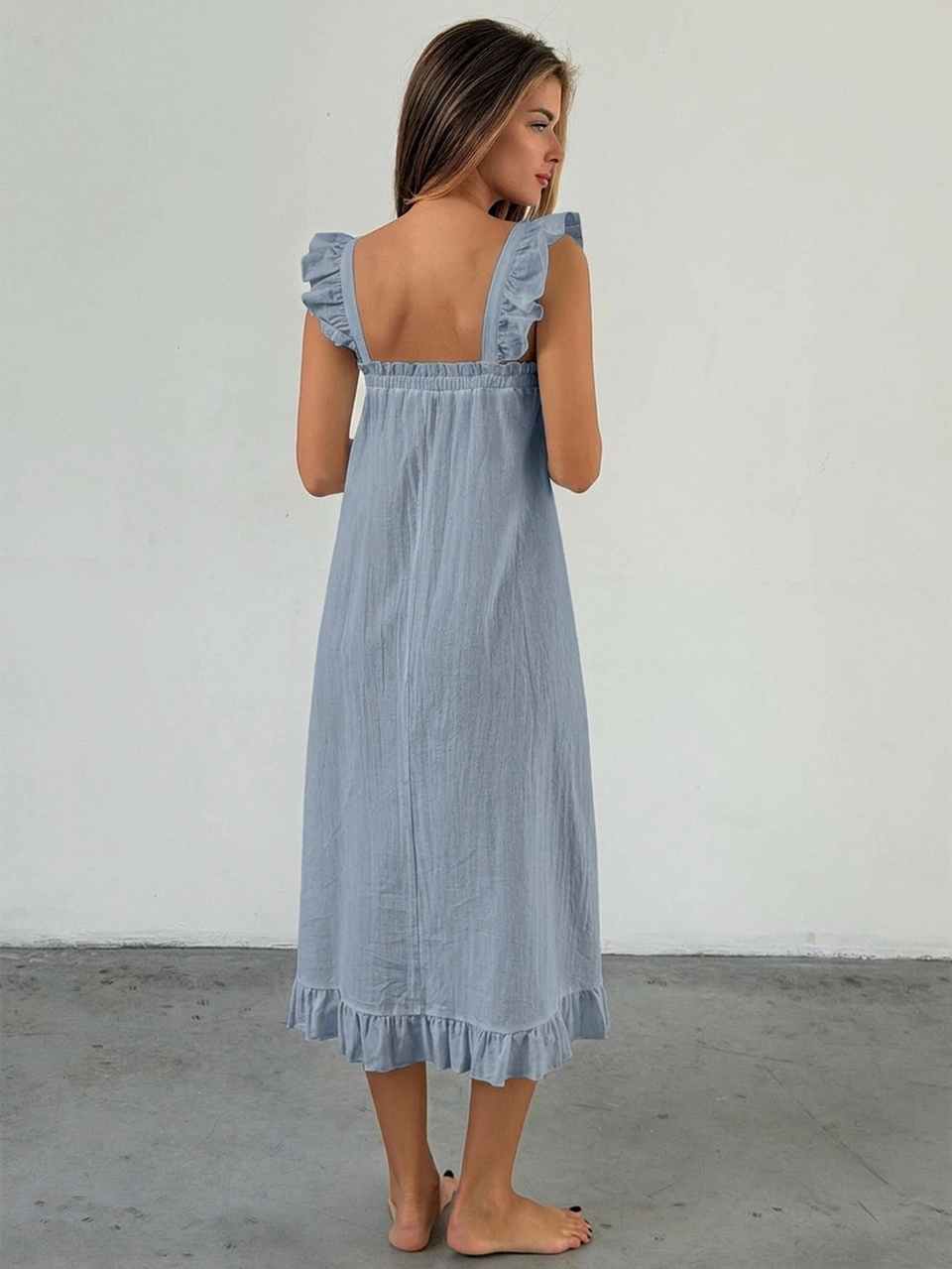 Minimalist Solid Color Ruffle Trim Sleeveless Loose Long Dress Women's Nightgown