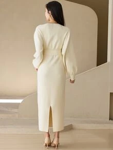 DAZY Women's Solid Color V-Neck Casual Everyday Knit Dress - Beige - View 2