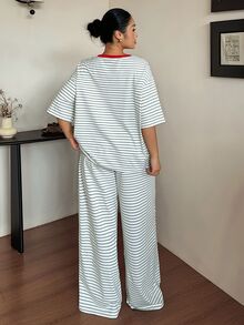 Dazy Plus Bộ đồ ngủ 2 món quần dài dáng rộng họa tiết in phối màu sọc cho xuân hè thu - trắng - Xem 7
