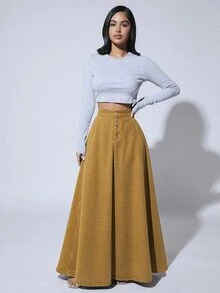 SHEIN SXY 女款休閒牛仔裙，鈕扣腰頭 - 黃色 - 查看 5