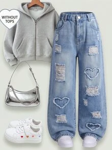 Tween Girls' Vintage Casual Fashion Blue Washed Distressed Ripped Patchwork Heart Embroidery Straight Leg Jeans, Vacation Style, Back To School, Autumn/Winter, All Season Essential - Medium Wash - View 3