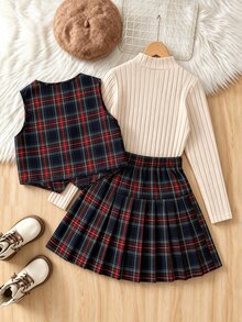 SHEIN 青少年女孩格紋百褶裙背心套裝 3件組 英倫學院風校園穿搭 - 彩色 - 查看 2