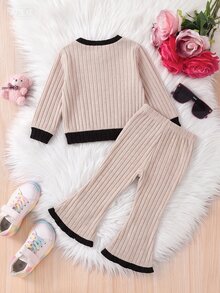 SHEIN Cute Girl Knitted Casual Colorblock Long Sleeve T-Shirt And Elastic Waist Flared Pants Set - Beige - View 4