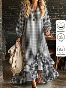 Linhara CURVE 2026新款大尺碼休閒條紋圓領長袖燈籠袖拼接荷葉邊女款長洋裝 - 黑與白 - 查看 1