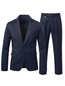 Manfinity Mode Men's Slim Fit Suit Set,Elegant Black Summer Formal Two-Pieces Blazer And Trousers For Dinner,Business,Wedding,Old Money Style Classic Suits,Ceremony - Navy Blue - View 5