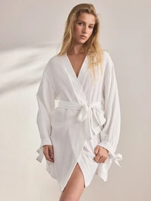 Ocili Women's Solid Color Pure Cotton Minimalist Daily Tie-Up Comfortable Long Sleeve Loungewear Robe Housecoat - White - View 2