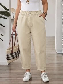 SHEIN CURVE+ 大尺碼女款休閒日常旅行牛仔褲，附口袋與鈕扣 - 卡其色 - 查看 10