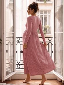 GentleRue Maternity Maternity Long Sleeve Round Neck Double Layer Top A-Line Hem Ribbed Fabric Dress Fall Homewear Breastfeeding Pink Casual Cropped - Dusty Pink - View 2