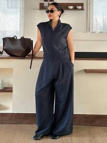 Dazy Plus Setelan Blogger Awal Musim Gugur 2 Potong: Atasan Tanpa Lengan Kerah Setengah Tinggi dengan Resleting & Celana Panjang Kasual Bergaris - Navy Blue - View 2