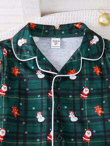 SHEIN 小男孩秋冬聖誕雪人深綠色格紋印花長袖開襟家居服套裝 2 件組 - 墨綠色 - 查看 6