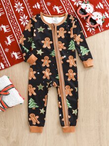 SHEIN Infant Christmas Contrast Color Realistic Cookie Print Fitted One-Piece Pajamas, Footed Long Sleeve Jumpsuit - Multicolor - View 1