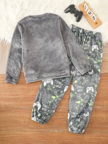 SHEIN 男童秋冬長袖上衣與長褲舒適居家睡衣兩件套，遊戲控制器印花圖案 - 灰色 - 查看 2