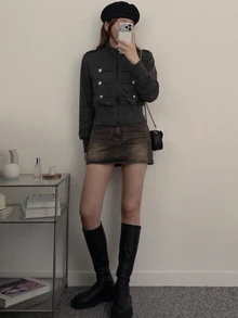 DAZY 女款小立領長袖短版法庭風宴會開襟運動衫 - 灰色 - 查看 6