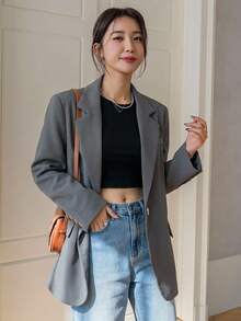 DAZY 女款純色長袖商務休閒西裝外套 - 灰色 - 查看 8