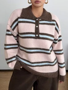 POPSWAY Plus Size Autumn/Winter Button Half-Placket Striped Sweater - Multicolor - View 6