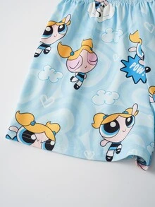 THE POWERPUFF GIRLS X SHEIN Tween Girl Cartoon Print Short Sleeve Top And Shorts Casual Daily Home Sleepwear Set - Blue - View 7