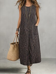 LUMIGAL Plus Size Women's Leopard Print Pocket Casual Daily Summer Denim Dress - Multicolor - View 1