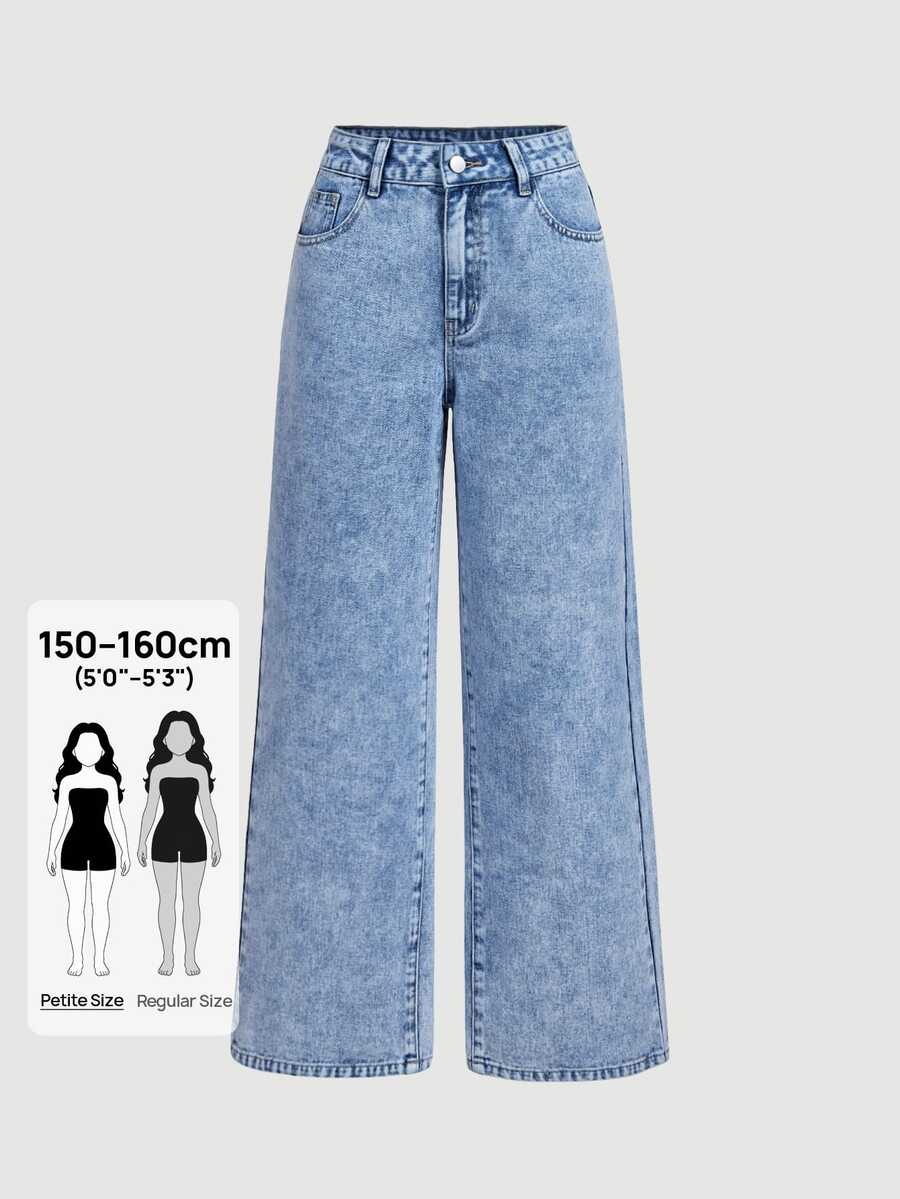 SHEIN PETITE 女款寬腿鬆垮休閒百搭牛仔褲,附口袋 - 藍色 - 查看 1