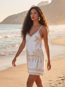 CAJUNI Short, Loose-Fitting Summer Dress With Palm Tree Print, Strappy Design, Sleeveless, And V-Neck. - Multicolor - View 8