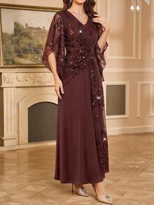 Amorya Women's Patchwork Sequin Mesh Elegant Glamorous Long Dress - Coffee Brown - View 3