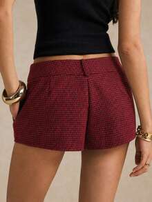 Poéselle Women's Houndstooth Wool-Blend Shorts, High-Waisted Pleated Tailored Mini Shorts With Pockets For Chic Outfits Tailored Shorts Fall & Winter - Red - View 7