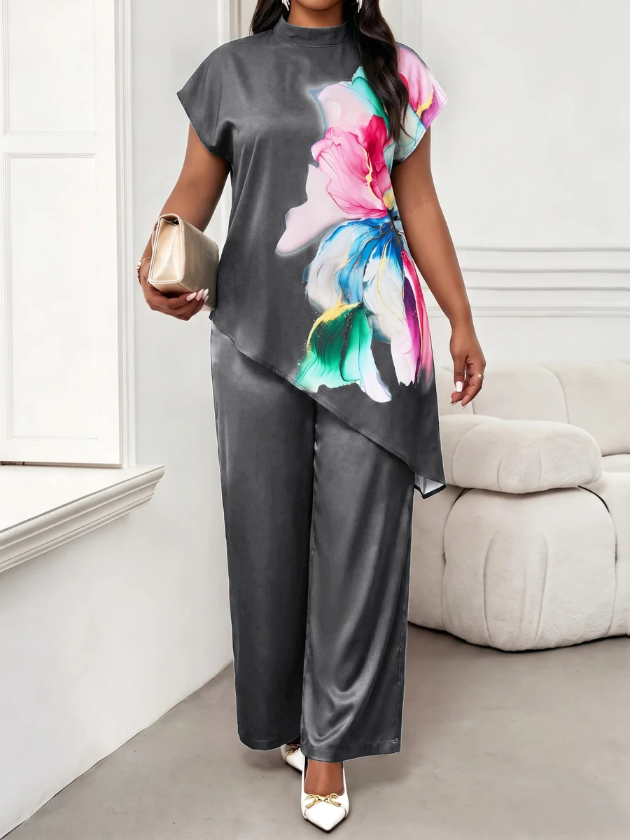 SHEIN Lady Plus Size Women's Floral Print Casual Daily Wear Top - Grey - View 1