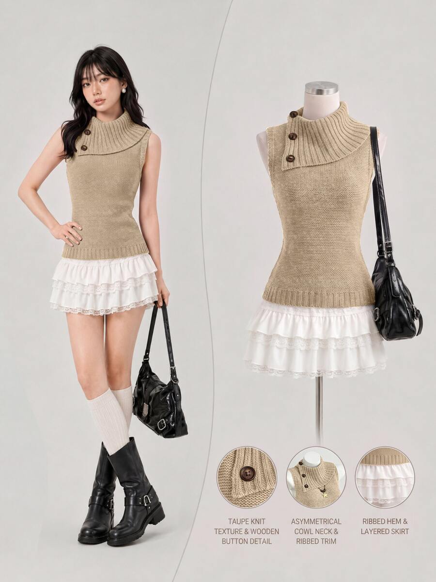 Elamini Women's Casual Versatile Design Collar Vintage Commute Daily Wear Autumn/Winter Slim Fit Sweater Vest - Khaki - View 1
