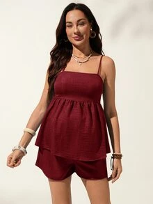 SHEIN Women's Casual Vacation Solid Color Ruffle Collar Cardigan And Shorts Maternity Set, Spring/Summer - Burgundy - View 2