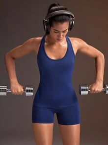 Powerista ملابس علوية رياضية نسائية بطبعة حروف للتمارين اليومية بظهر سباق - أزرق بحري - مشاهدة 3