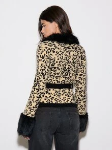 BAD SUNDAY Women's V-Neck Leopard Print Patchwork Fur Collar Knitted Cardigan, Autumn/Winter, Y2K Retro Style - Multicolor - View 2