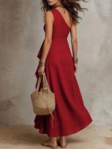 Solivie Women's Solid Color One Shoulder Sleeveless Patchwork Ruffle Hem Fashion Long Dress - Red - View 2