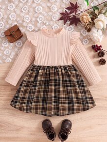 SHEIN Baby Girl Patchwork Plaid Hem Round Neck Long Sleeve Cute Dress - Khaki - View 3