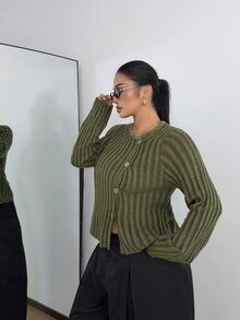 POPSWAY Cardigan Sweater Lengan Panjang Wanita Ukuran Plus Kasual Warna Hijau Bergaris Asimetris Kancing Tunggal - Hijau - View 3
