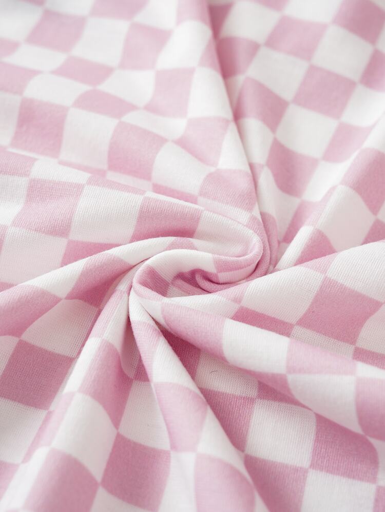 THE POWERPUFF GIRLS X SHEIN Tween Girl Polo Collar Checkered Short Sleeve Ruffle Hem Dress - Pink - View 9