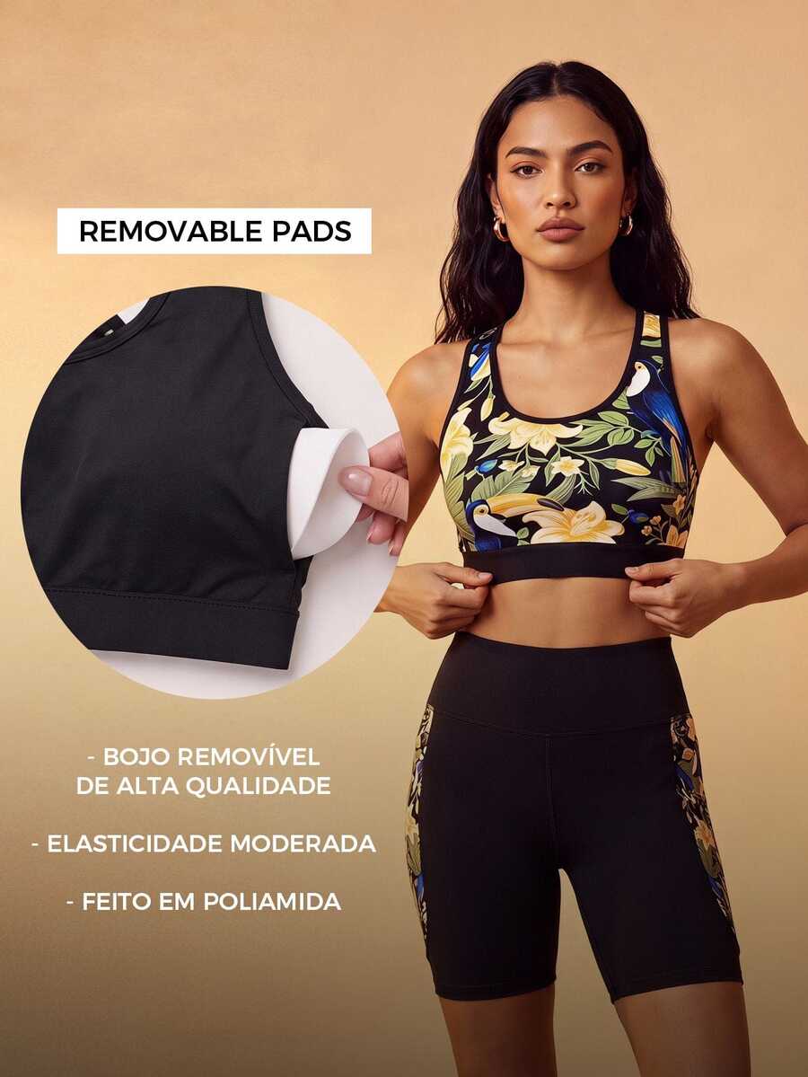 CAJUNI Bra Olahraga Kasual Sehari-hari – Motif Bunga Toucan Tropis – Pakaian Olahraga - MultiWarna - View 1