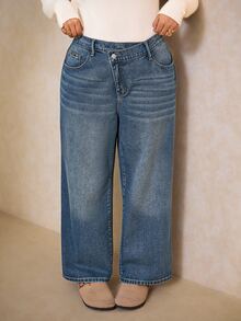 SHEIN MOD Celana Jeans Denim Kasual Sehari-hari Wanita Ukuran Besar dengan Saku dan Kancing - Medium Wash - View 6