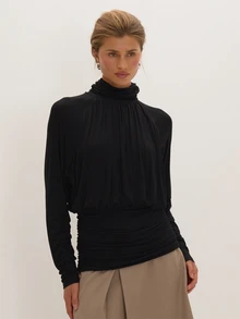 MUSEYN Black Jersey High Neck Cinched Waist Ruched Top Versatile Everyday Date Night Chic New Season Fall - Black - View 1