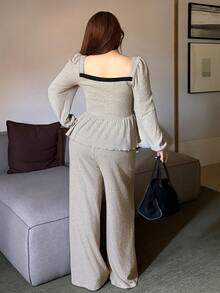 Dazy Plus Plus Size Women's Contrast Trim Ruffle Hem Top And Wide Leg Pants Sweet Elegant 2 Pieces Set Party Formal Beige Grey Fall - Apricot - View 2
