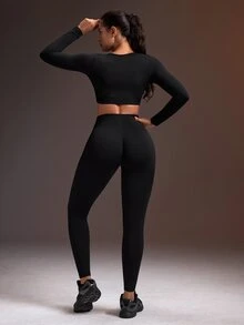 Powerista Women's Minimalist Long Sleeve Top And Fitted Leggings Sports Set - Black - View 2