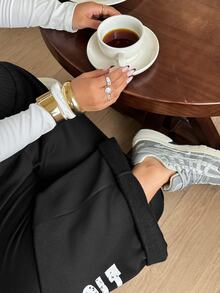 Dazy Plus Blogger Casual Street Style Letter Print Loose Long Sweatpants - Black - View 5