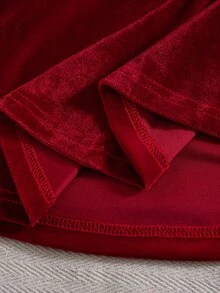 SHEIN 1件女童秋冬復古甜美風天鵝絨面料蝴蝶結裝飾手工串珠細節泡泡長袖荷葉領2合1A字裙，寬鬆版型，適合派對、假日、外出及春秋穿著 - 紅色 - 查看 9