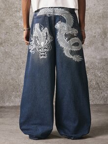 ROMWE MEN Street Life Men's Casual Everyday Travel Denim Jeans With Pocket, Button And Dragon Pattern - Blue - View 1