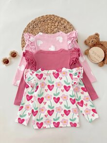 SHEIN 3pcs -Pack Atasan Lengan Panjang Motif Hati dengan Detail Ruffle untuk Bayi Perempuan - MultiWarna - View 2