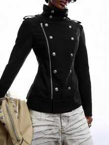 LYSMO Jaket Napoleon Kasual Lengan Panjang Kancing Ganda dengan Resleting di Bagian Depan untuk Wanita - Hitam - View 4