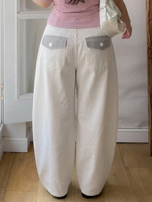 Dazy Plus Plaid Back Pocket Decor Loose Casual Solid Color Girly Versatile All-Season Long Pants - Apricot - View 4