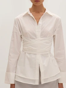 MUSEYN White Tie Waist Button Long Sleeve Fitted Shirt Versatile Lounge Everyday Date Night Chic New Season Fall - White - View 5