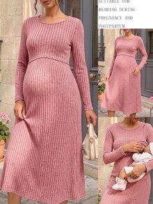GentleRue Maternity Maternity Long Sleeve Round Neck Double Layer Top A-Line Hem Ribbed Fabric Dress Fall Homewear Breastfeeding Pink Casual Cropped - Dusty Pink - View 4