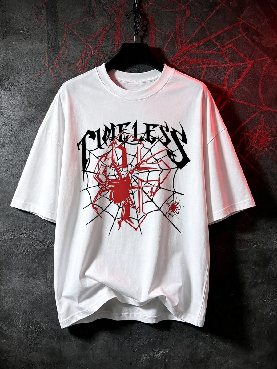 Lalippa Gothic Spider Web Pattern T-Shirt, Red Spider Front Print Loose Fit Unisex White Crew Neck Plus Size T-Shirt - White - View 1