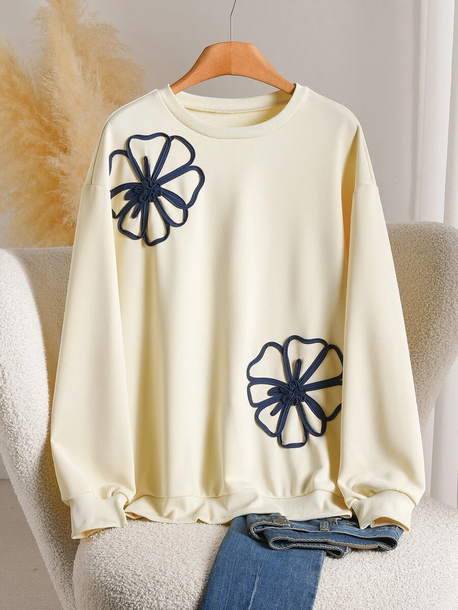 CosyJoli Women's 3D Floral Decor Crew Neck Long Sleeve Sweatshirt - Apricot - View 1